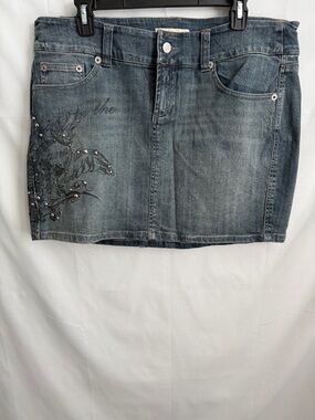 Vintage Z Cavaricci Graffiti Streetwear Embellished Denim Mini Skirt Size 14